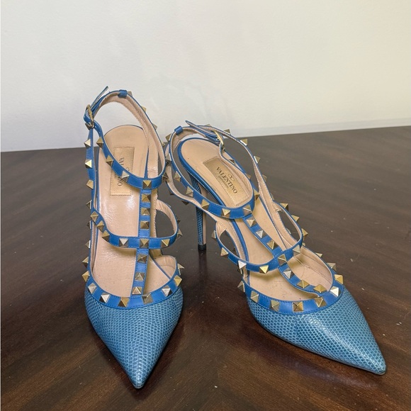 Valentino Shoes - Valentino Blue and Gold Studded Heels